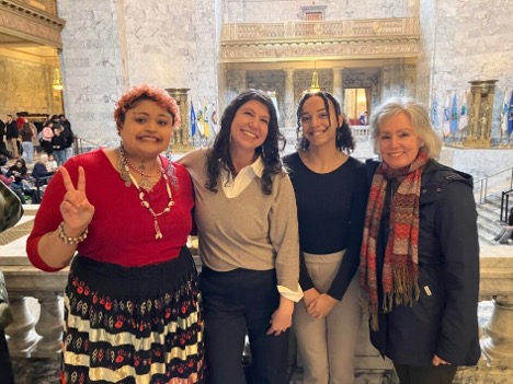  
Evergreen student trustee Acaia Engram, Shelton Promise Manager Monear Fatemi, peer tutor/student athlete Alauna Carstens and Government Relations Director Sandy Kaiser at the Legislature after Senate testimony February 2